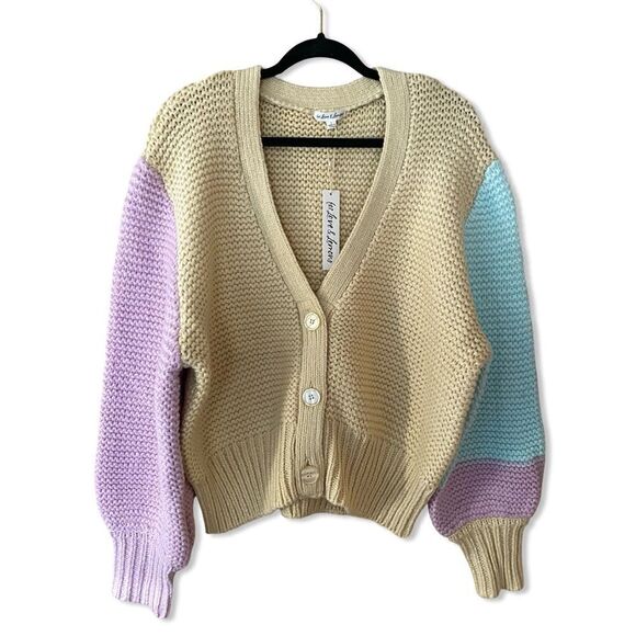 For Love And Lemons Kerry cardigan chunky knit color block cropped sweater L - Picture 4 of 9